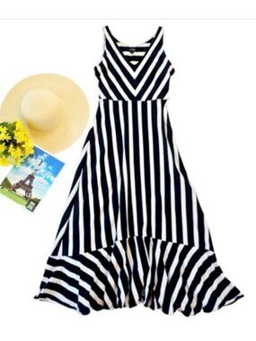 Chaps Women's Maxi Sleeveless Dress Size Large Blue White Striped Stretch Ruffle